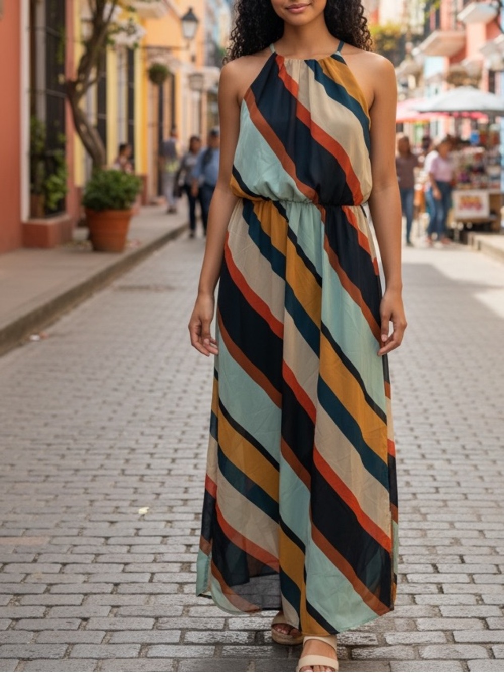 Fortune + Ivy Asymmetrical Striped Halter Maxi Dress